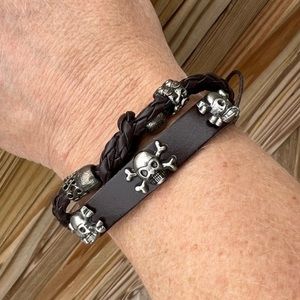 Skull & Crossbones Brown Leather Macramé Bracelet! NEW!